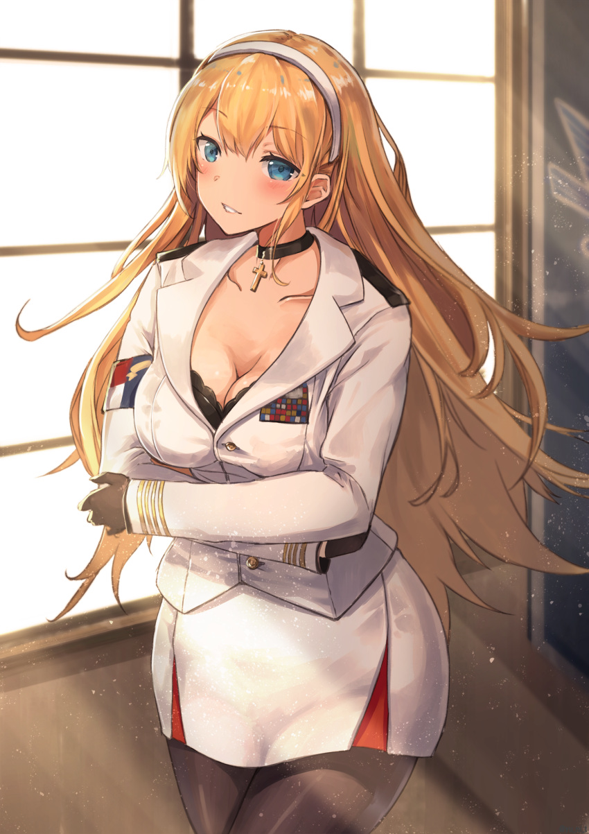 1girl azur_lane backlighting bangs black_bra black_choker black_gloves black_legwear blonde_hair blue_eyes blurry blurry_background blush bra breasts buttons choker cleavage collarbone commentary_request cowboy_shot cross cross_choker crossed_arms day eyebrows_visible_through_hair floating_hair gloves hairband head_tilt highres indoors lace lace-trimmed_bra large_breasts light_particles light_rays long_hair long_sleeves looking_at_viewer military military_uniform miniskirt north_carolina_(azur_lane) pantyhose parted_lips pencil_skirt shiny shiny_hair shiny_skin shirt sidelocks skirt smile solo standing sunbeam sunlight underwear uniform very_long_hair white_shirt white_skirt window wing_collar yu_ni_t