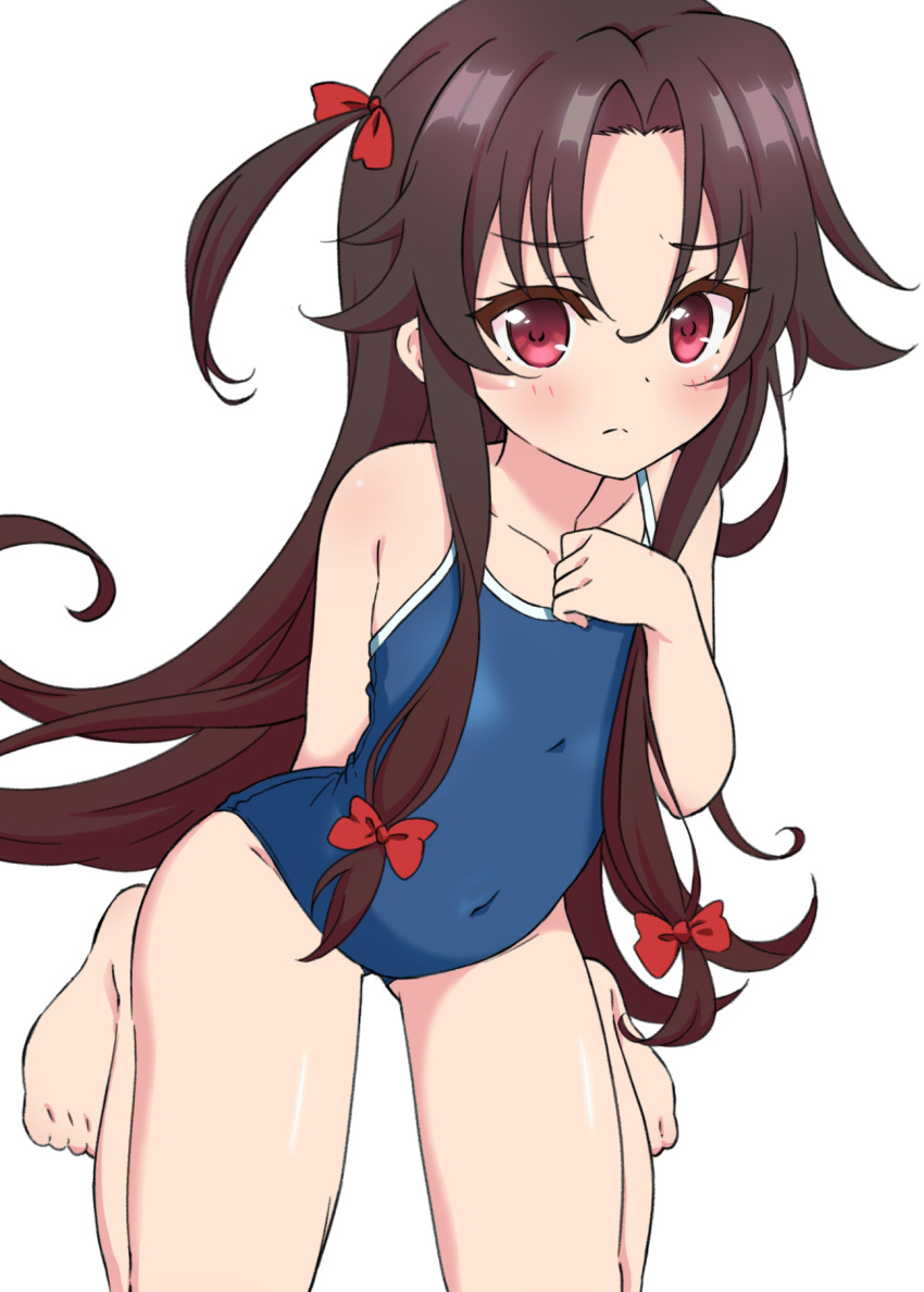 1girl arm_behind_back barefoot black_hair blue_swimsuit bow commentary_request covered_navel feet flat_chest hair_bow hand_on_own_chest highres hokoro kneeling long_hair one-piece_swimsuit red_eyes ribbon ryuuou_no_oshigoto! school_swimsuit side_ponytail simple_background solo swimsuit thighs toes white_background yashajin_ai