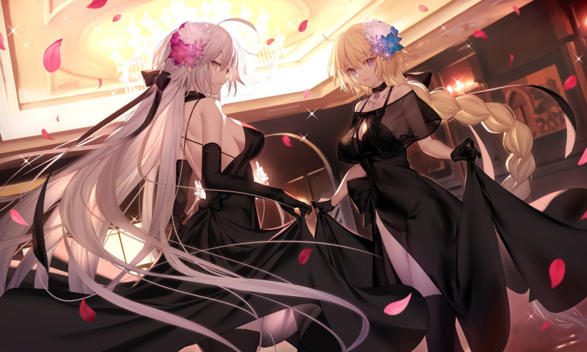 2girls ahoge bangs black_bow black_dress black_gloves black_legwear black_ribbon blonde_hair blush bow braid breasts chandelier choker cleavage commentary_request dress dress_lift dutch_angle elbow_gloves eyebrows_visible_through_hair fate/grand_order fate_(series) floating_hair flower gloves hair_bow hair_flower hair_ornament hair_ribbon heroic_spirit_formal_dress highres indoors jeanne_d'arc_(alter)_(fate) jeanne_d'arc_(fate)_(all) jewelry kneehighs large_breasts lifted_by_self long_hair looking_at_viewer multiple_girls necklace open_mouth parted_lips petals ribbon see-through shinooji silver_hair single_braid smile sparkle very_long_hair yellow_eyes