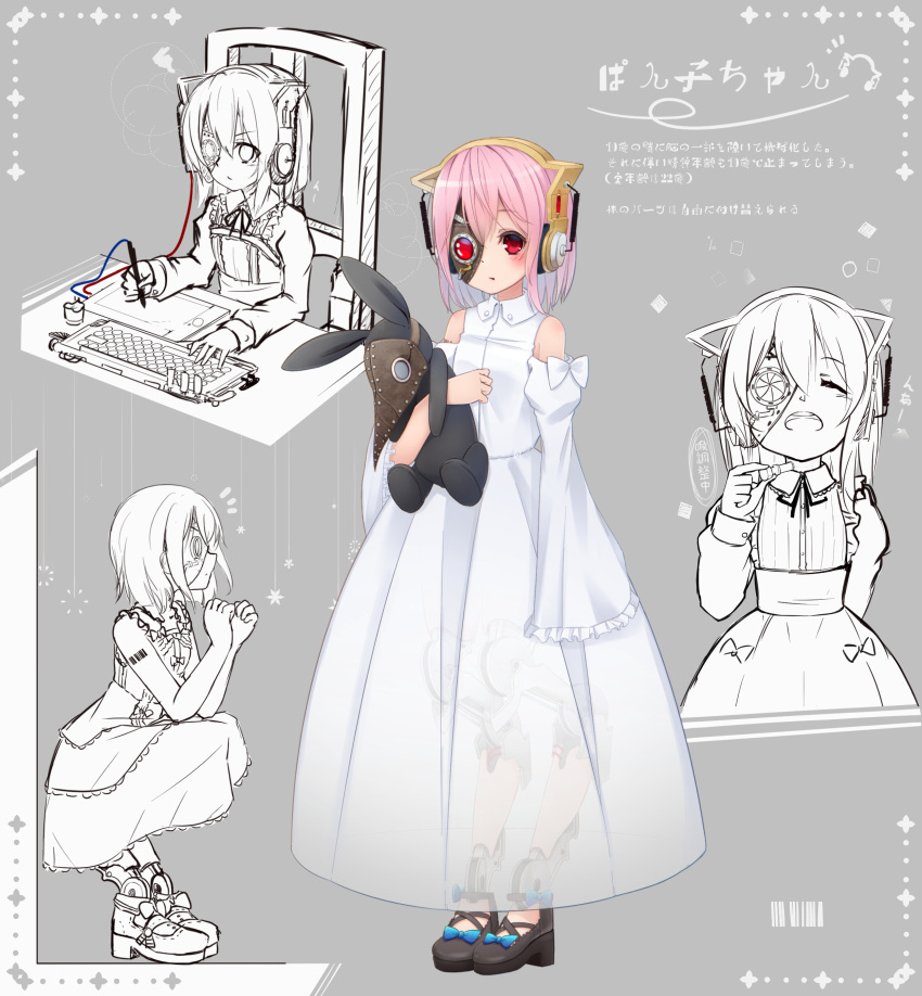 1girl absurdres android animal_ears barcode_tattoo bare_arms bare_shoulders blush bow cat_ear_headphones cat_ears chair closed_eyes closed_mouth commentary_request detached_sleeves dress frilled_sleeves frills grey_background headphones highres hot_kakigoori juliet_sleeves long_sleeves looking_at_viewer multiple_views object_hug on_chair open_mouth original pink_hair plague_doctor_mask profile puffy_sleeves red_eyes robot_joints round_teeth see-through sitting sleeveless sleeveless_dress sleeves_past_fingers sleeves_past_wrists stuffed_animal stuffed_bunny stuffed_toy tattoo teeth translation_request upper_teeth white_bow white_dress white_sleeves