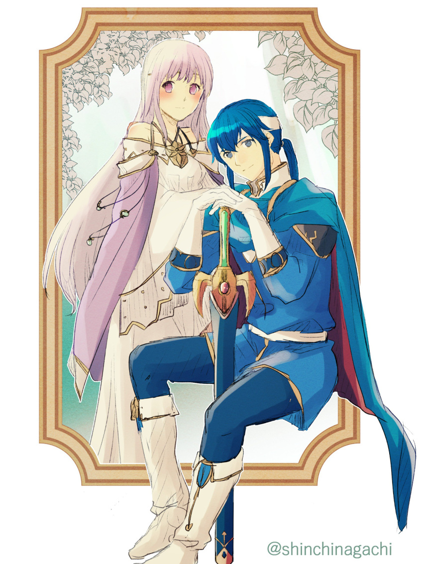 1boy 1girl absurdres armor blue_eyes blue_hair blush brother_and_sister cape celice_(fire_emblem) circlet dress fire_emblem fire_emblem:_seisen_no_keifu gloves headband highres lavender_hair long_hair nintendo nishimura_(nianiamu) ponytail purple_hair siblings simple_background smile very_long_hair violet_eyes yuria_(fire_emblem)