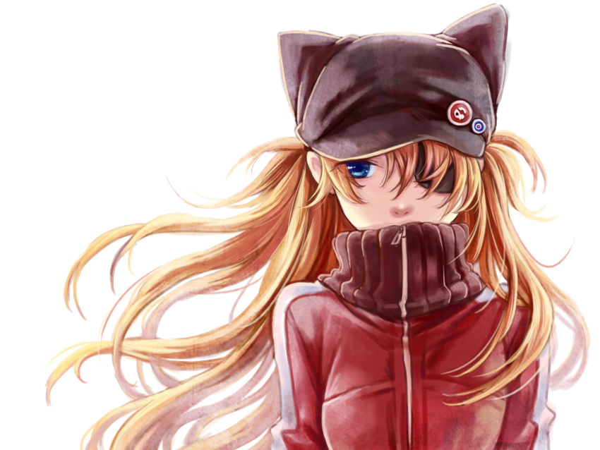 1girl 6bi animal_ears animal_hat black_hat blue_eyes eyepatch fake_animal_ears floating_hair hat hat_pin highres long_hair looking_to_the_side neon_genesis_evangelion red_sweater simple_background solo souryuu_asuka_langley sweater turtleneck turtleneck_sweater upper_body very_long_hair white_background