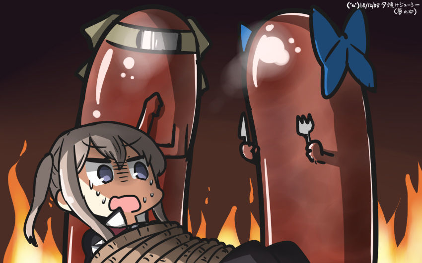 &gt;:o 1girl arms_behind_back asakaze_(kantai_collection) bangs black_legwear blonde_hair blue_eyes blush bound couch dated fire food graf_zeppelin_(kantai_collection) hair_between_eyes hamu_koutarou highres jintsuu_(kantai_collection) kantai_collection long_hair looking_to_the_side military military_uniform objectification open_mouth rope sausage sidelocks signature sweat twintails uniform