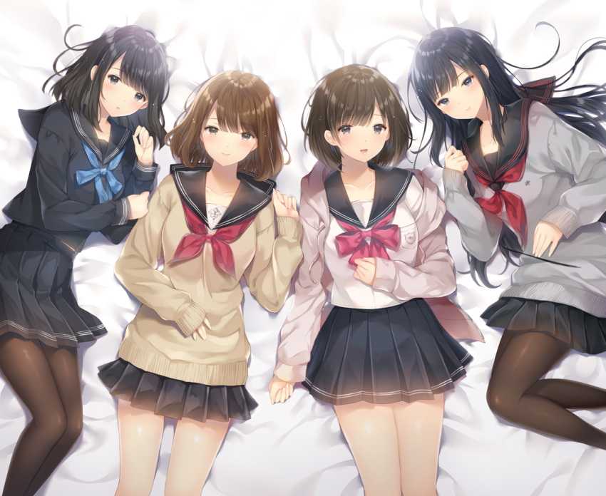 4girls :d bangs bed_sheet black_eyes black_hair black_sailor_collar black_serafuku black_shirt black_skirt blue_neckwear blush breasts brown_cardigan brown_eyes brown_hair brown_legwear brown_sweater cardigan closed_mouth collarbone commentary_request eyebrows_visible_through_hair fingernails grey_sweater hand_up long_hair long_sleeves lying multiple_girls neckerchief noda_shuha on_back on_side open_cardigan open_clothes open_mouth original pantyhose parted_lips pleated_skirt red_neckwear sailor_collar school_uniform serafuku shirt skirt sleeves_past_wrists small_breasts smile sweater very_long_hair