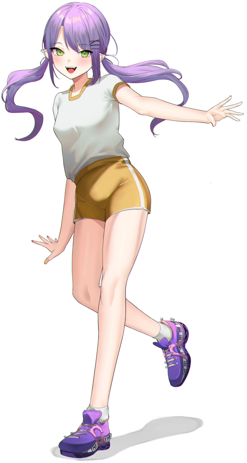 1girl :d absurdres bangs barbell_piercing breasts ear_piercing eredhen flower full_body green_eyes gym_shirt gym_uniform hair_ornament hairclip highres hololive light_blush long_hair looking_at_viewer open_mouth piercing pointy_ears purple_flower purple_hair shirt shoes shorts sidelocks simple_background small_breasts smile sneakers solo swept_bangs tokoyami_towa twintails virtual_youtuber white_background white_shirt yellow_shorts