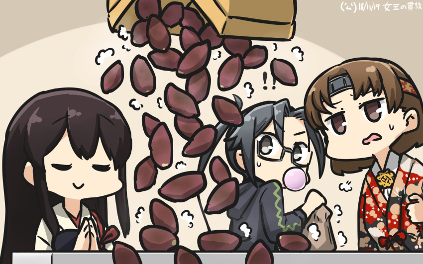 !! 3girls akagi_(kantai_collection) amagiri_(kantai_collection) asymmetrical_bangs bag bangs black_hair black_jacket box brown_eyes brown_hair chewing_gum chiyoda_(kantai_collection) closed_eyes commentary_request dated floral_print food grey_eyes grey_hair hair_between_eyes hamu_koutarou headband highres hood hooded_jacket hoodie jacket japanese_clothes kantai_collection long_hair multiple_girls muneate paper_bag ponytail semi-rimless_eyewear short_hair straight_hair sweet_potato table tasuki under-rim_eyewear upper_body very_long_hair