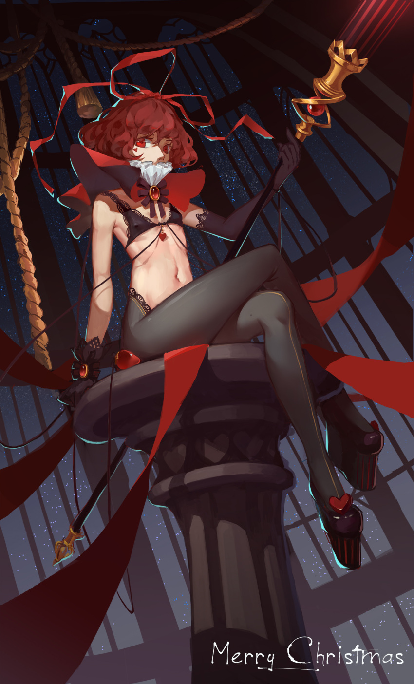 1girl absurdres bi_ge_xing bow elbow_gloves gem gloves heart high_heels highres holding holding_staff jewelry legs_crossed medium_hair original red_eyes redhead rope sitting sky solo staff star star_(sky) starry_sky window