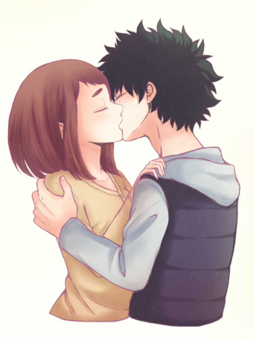 1boy 1girl black_hair boku_no_hero_academia brown_hair brown_shirt closed_eyes couple hetero highres hood hood_down hoodie horoyoi_(kkcp4442) kiss messy_hair midoriya_izuku shirt short_hair simple_background uraraka_ochako vest white_background