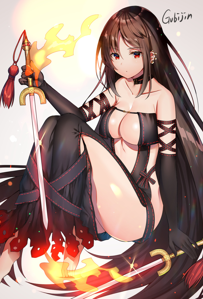 1girl aozora_nan bangs bare_shoulders barefoot black_dress black_gloves blush breasts brown_hair cleavage collarbone commentary_request consort_yu_(fate) dress ear_piercing earrings elbow_gloves eyebrows_visible_through_hair fate/grand_order fate_(series) fire gloves hair_between_eyes hand_up highres holding holding_sword holding_weapon jewelry large_breasts long_hair looking_at_viewer piercing red_eyes ribbon-trimmed_dress signature sitting solo strapless strapless_dress sword torn_clothes torn_dress very_long_hair weapon