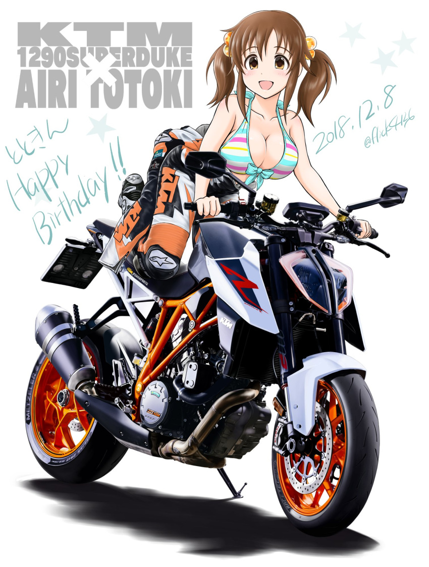 1girl bangs bare_shoulders biker_clothes bikesuit blush bodysuit boots breasts brown_eyes brown_hair cleavage commentary_request flick_(sal23) gradient gradient_background ground_vehicle highres idolmaster idolmaster_cinderella_girls large_breasts looking_at_viewer motor_vehicle motorcycle open_bodysuit open_mouth orange_bodysuit revision scrunchie sidelocks smile solo sparkle striped_bikini_top totoki_airi twintails two-tone_background white_background