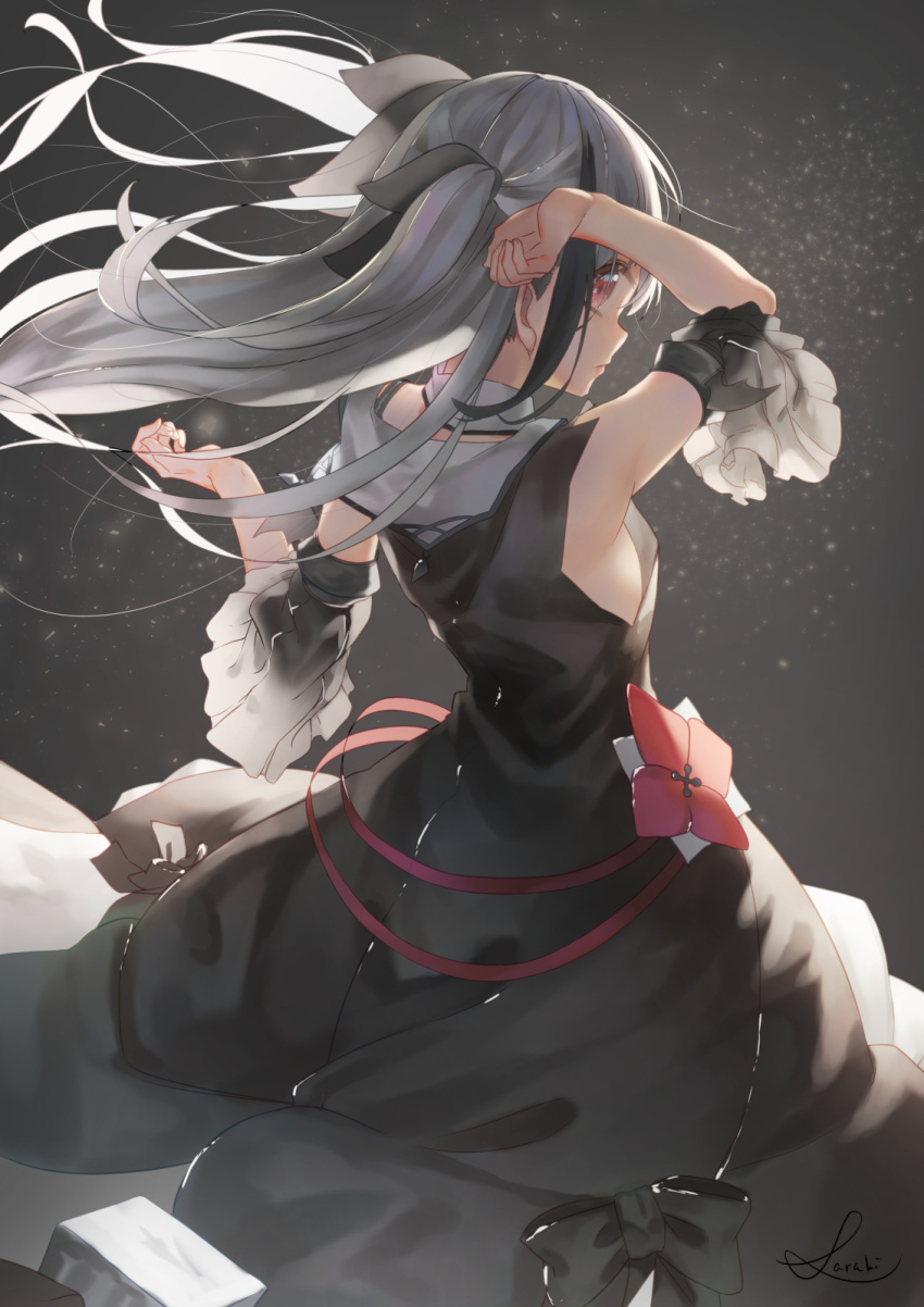 1girl arm_up black black_bow black_ribbon black_sleeves bow closed_mouth commentary_request detached_sleeves dress gloves grey_hair hair_ribbon hand_up highres long_hair original red_eyes red_gloves red_ribbon ribbon saraki short_sleeves signature sleeveless sleeveless_dress solo two_side_up very_long_hair wide_sleeves