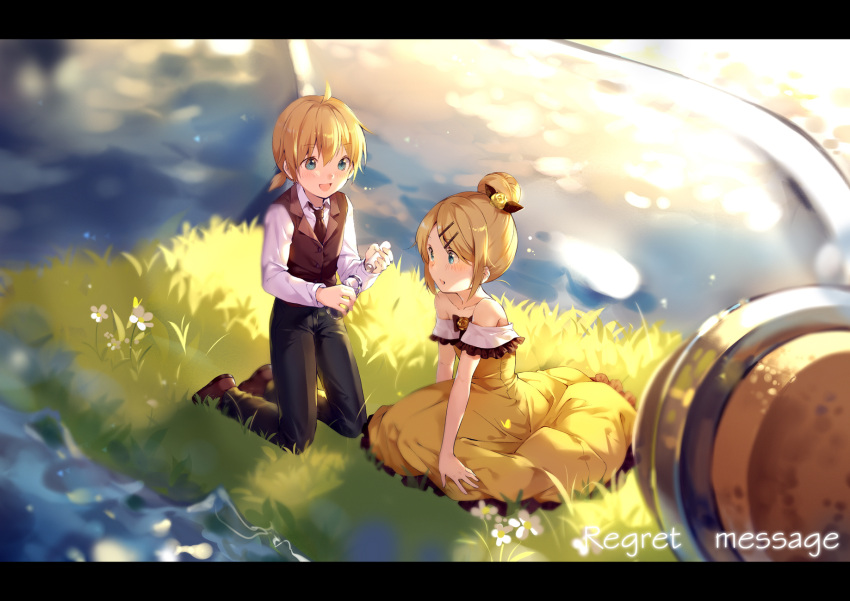 1boy 1girl allen_avadonia bare_arms bare_shoulders black_neckwear blonde_hair blue_eyes blurry blush bottle brother_and_sister brown_footwear collarbone cork corked_bottle daisy depth_of_field dress evillious_nendaiki flat_chest flower frilled_dress frills grass hair_bun hair_ornament hairclip highres hmniao holding holding_bottle in_bottle in_container kagamine_len kagamine_rin kneeling light_particles message_in_a_bottle necktie ocean paper regret_message_(vocaloid) riliane_lucifen_d'autriche shirt shoes short_hair siblings sleeveless sleeveless_blazer sleeveless_dress smile song_name sparkle sparkle_background sunset twilight twins vocaloid water_surface white_flower white_shirt yellow_dress younger
