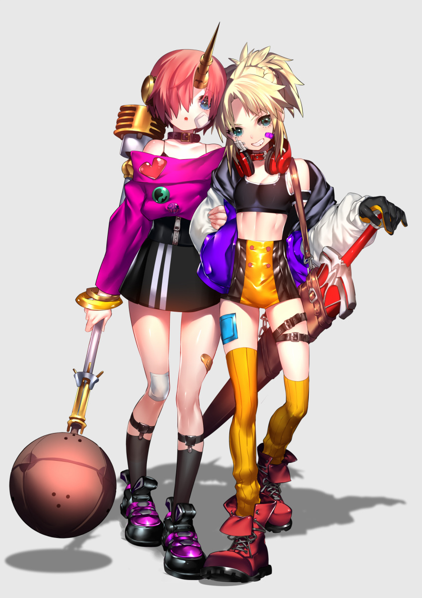 2girls :o alternate_costume arm_grab bandaid bandaid_on_face bandaid_on_knee bandaid_on_leg bangle bangs bare_shoulders black_collar black_legwear blonde_hair blue_eyes boots bracelet braid clarent fate/grand_order fate_(series) frankenstein's_monster_(fate) french_braid full_body grin hair_over_eyes hand_in_pocket headgear headphones headphones_around_neck highres holding holding_weapon horn jacket jewelry looking_at_viewer mace midriff miniskirt mordred_(fate) mordred_(fate)_(all) multiple_girls navel off-shoulder_shirt open_clothes open_jacket parted_bangs pink_hair rahato red_collar red_footwear ribbed_legwear sheath sheathed shirt short_hair short_shorts shorts skirt smile sports_bra standing teeth thigh-highs thigh_strap walking weapon yellow_legwear