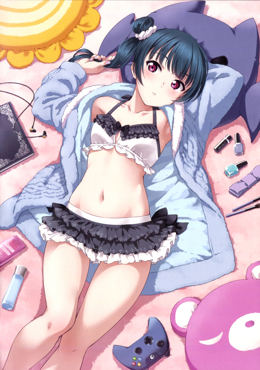 1girl 2017 :o absurdres arm_behind_head armpits arms_up bangs bathrobe bed bed_sheet black_bow black_skirt blue_hair blush book bow breasts collarbone controller copyright cowboy_shot crop_top earphones earphones earphones_removed eyebrows_visible_through_hair frilled_skirt frills from_above game_controller groin hair_ornament hair_scrunchie halter_top halterneck highres holding holding_hair indoors inou_shin lipstick_tube logo long_hair looking_at_viewer love_live! love_live!_sunshine!! lying makeup midriff miniskirt nail_polish nail_polish_bottle navel official_art on_back open_clothes open_robe pillow playing_with_own_hair robe scan scrunchie shadow side_bun skirt small_breasts solo stuffed_animal stuffed_toy teddy_bear thighs tsushima_yoshiko violet_eyes watermark white_scrunchie