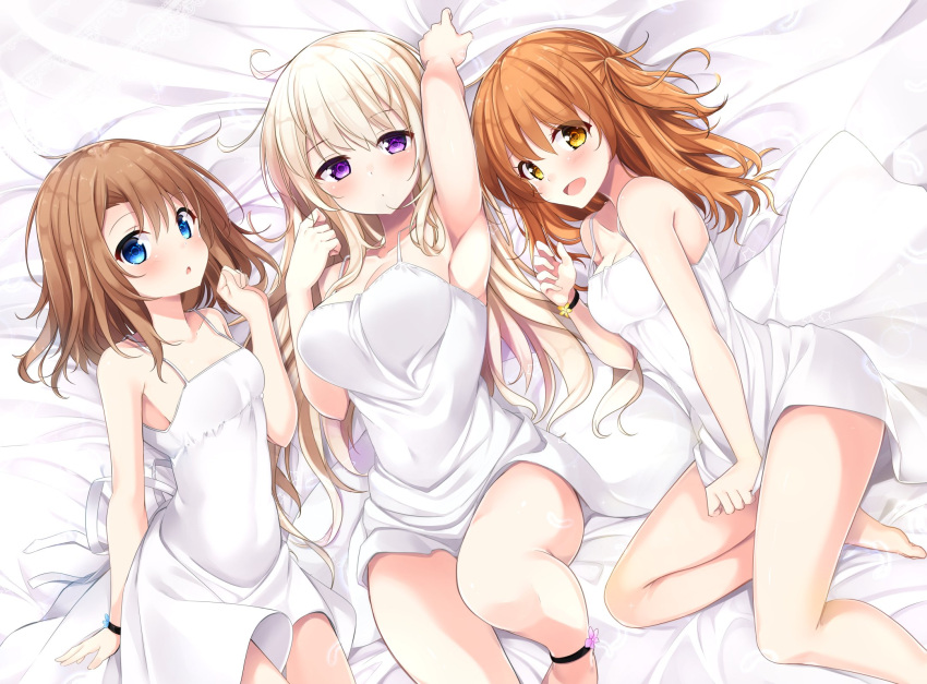 3girls :d :o arm_up armpits barefoot bed_sheet blue_eyes blush breasts brown_hair cleavage dress dress_tug from_above highres large_breasts long_hair looking_at_viewer lying medium_breasts multiple_girls on_back on_side open_mouth original sasahara_wakaba short_dress silver_hair sleeveless sleeveless_dress small_breasts smile solo sundress twintails very_long_hair white_dress yellow_eyes