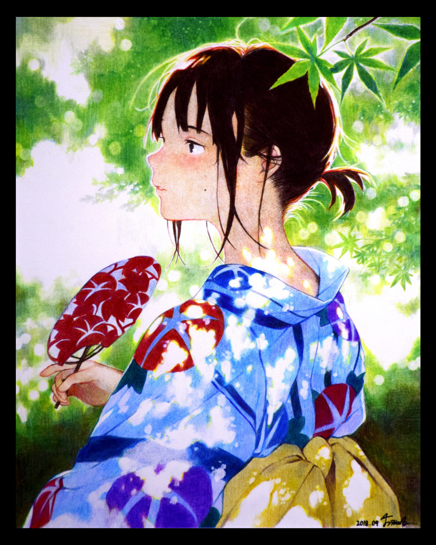 1girl absurdres black_border black_eyes blue_kimono blush border branch brown_hair dappled_sunlight dated day fan from_behind highres holding holding_fan japanese_clothes kimono leaf long_sleeves looking_to_the_side mole mole_on_cheek nape obi original ouchi_kaeru outdoors paper_fan parted_lips ponytail profile sash signature solo sunlight traditional_media uchiwa uchiwa_design upper_body yukata