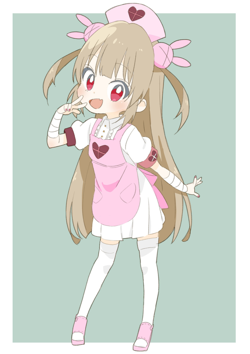 1girl :d absurdres bandage bandaged_arm bandages blue_background bright_pupils bunny_hair_ornament chibi collared_shirt contrapposto donguri_suzume dress eyebrows_visible_through_hair fang fingernails hair_ornament hat heart highres light_brown_hair looking_at_viewer nail_polish natori_sana nurse_cap open_mouth pink_footwear pink_hat pink_nails red_eyes sana shirt shoes simple_background smile solo thigh-highs two_side_up white_dress white_legwear wing_collar zettai_ryouiki