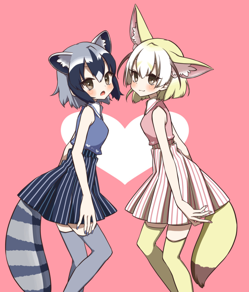 2girls :3 adapted_costume animal_ear_fluff animal_ears bare_arms bare_shoulders blonde_hair blue_hair blush collared_shirt commentary common_raccoon_(kemono_friends) cowboy_shot extra_ears eyebrows_visible_through_hair fang fennec_(kemono_friends) fox_ears fox_tail heart heart_background high-waist_skirt highres kemono_friends matching_outfit multicolored_hair multiple_girls nail_polish open_mouth petit_ramune pink_background raccoon_ears raccoon_tail shirt short_hair simple_background skirt sleeveless striped striped_skirt tail thigh-highs zettai_ryouiki