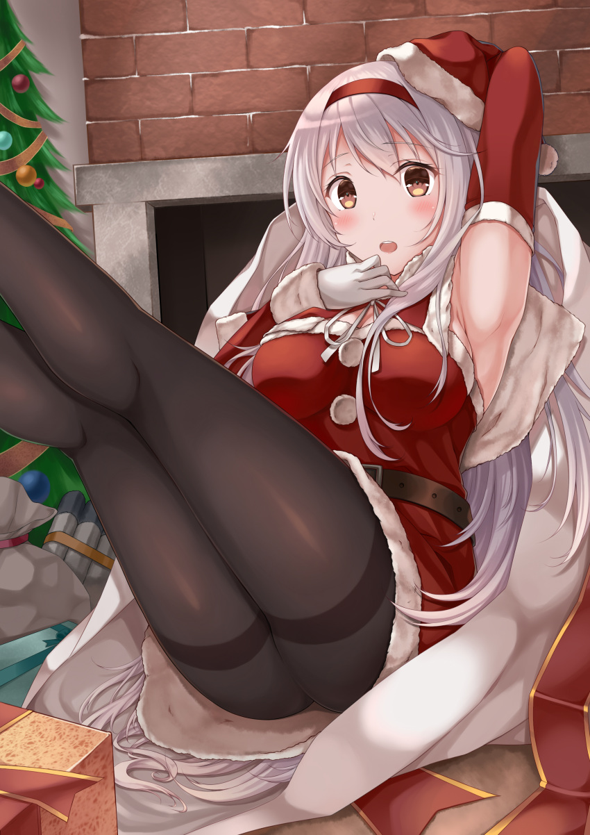 1girl absurdres arm_up armpits black_legwear blush box breasts brown_eyes chimney christmas_tree detached_sleeves gift gift_box gloves highres kantai_collection large_breasts legs long_hair looking_at_viewer open_mouth pantyhose santa_costume shoukaku_(kantai_collection) silver_hair sitting solo thighband_pantyhose very_long_hair white_gloves zhou_yu_(ppaaqz1995)