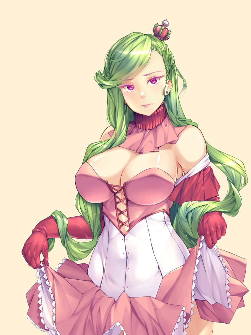 1girl armpits bangs bare_shoulders bonkiru breasts cleavage commentary creatures_(company) crown detached_collar detached_sleeves dress earrings elbow_gloves english_commentary expressionless game_freak gen_7_pokemon gloves green_hair head_tilt highres jewelry large_breasts layered_dress lips long_hair looking_at_viewer mini_crown nintendo personification pink_background pink_dress pokemon red_gloves revision simple_background skirt skirt_lift solo swept_bangs tsareena upper_body very_long_hair violet_eyes