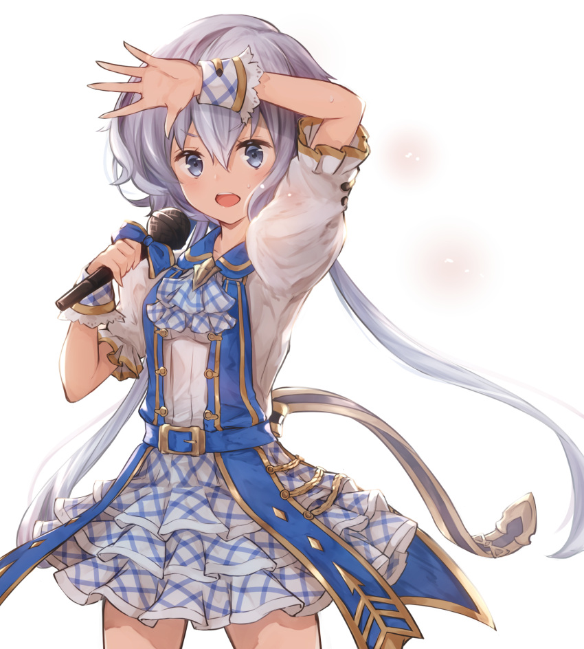 1girl alisia0812 alternate_costume arm_up belt bow granblue_fantasy grey_eyes highres idol kimi_to_boku_no_mirai konno_junko long_hair looking_at_viewer low_twintails microphone open_mouth open_palm puffy_sleeves short_sleeves silver_hair skirt solo twintails very_long_hair white_background wrist_cuffs zombie_land_saga