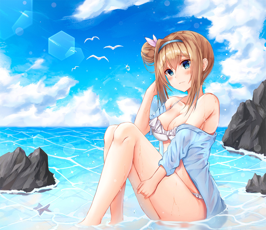1girl animal armpit_crease ass bangs bare_shoulders bikini bird blonde_hair blue_eyes blue_jacket blue_sky blush breasts caustics cleavage closed_mouth clouds cloudy_sky collarbone day eyebrows_visible_through_hair fish flock frilled_bikini frills frown girls_frontline glint hair_bun hair_intakes hair_ornament hairband horizon jacket knees_up lens_flare light_particles lkeris long_hair looking_at_viewer medium_breasts ocean off_shoulder outdoors partially_submerged rock see-through short_sleeves side_bun sidelocks sitting sky solo starfish sunlight suomi_kp31_(girls_frontline) swimsuit water wet white_bikini