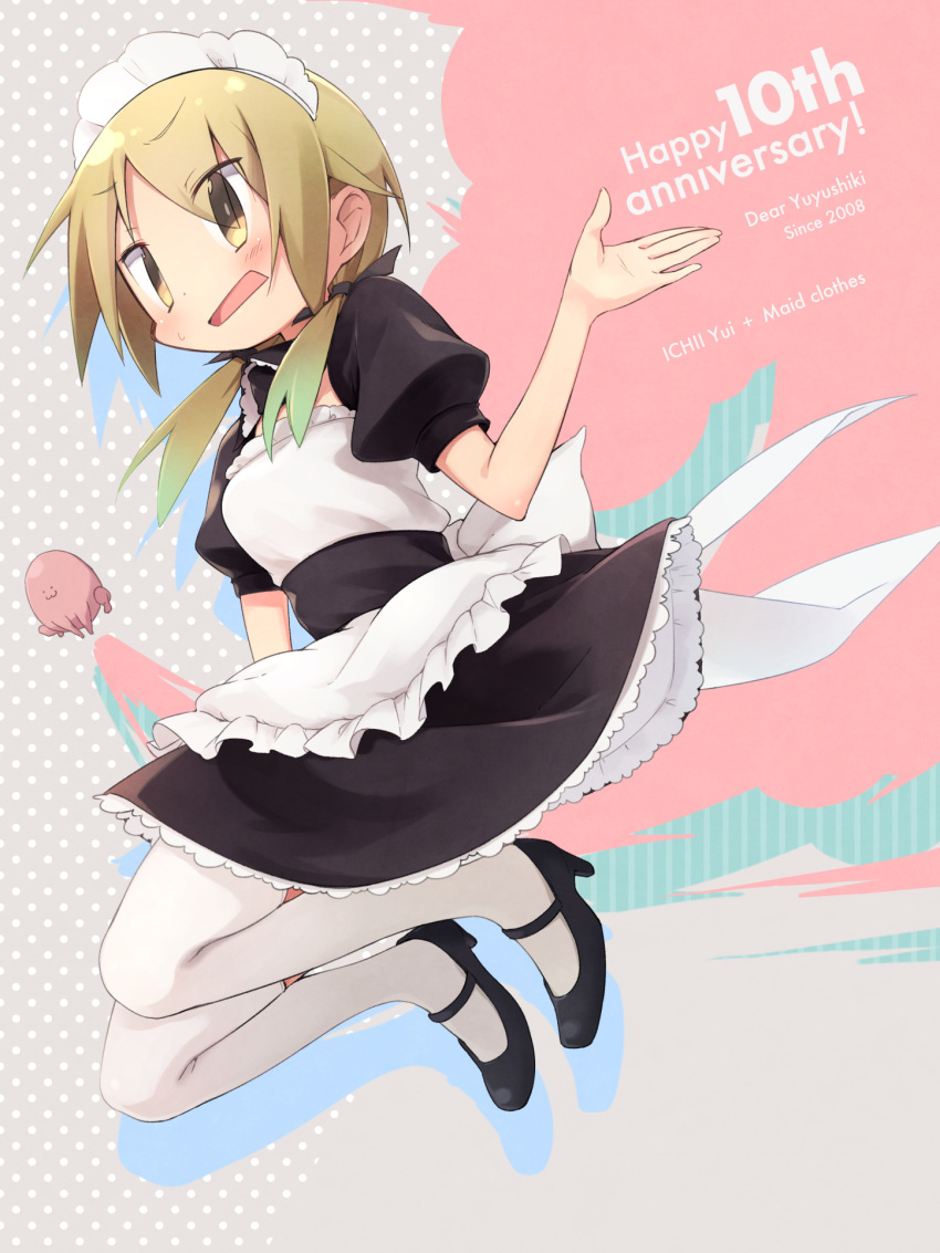 1girl 2008 alternate_costume anniversary apron blonde_hair blush breasts character_name copyright_name embarrassed enmaided eyebrows_visible_through_hair full_body high_heels highres ichii_yui looking_at_viewer low_twintails maid maid_apron maid_headdress medium_hair okayparium pantyhose parted_lips rectangular_mouth short_twintails small_breasts solo twintails white_legwear yellow_eyes yuyushiki