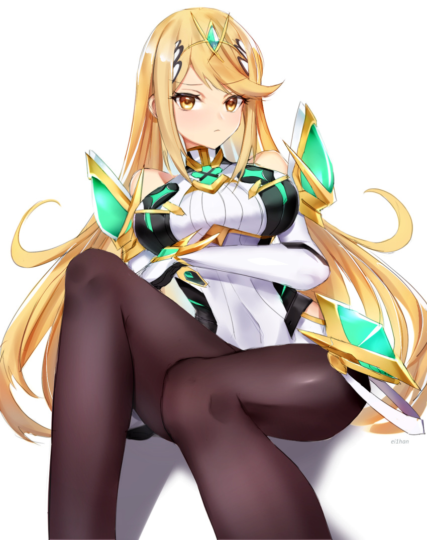 1girl artist_name bare_shoulders black_legwear blonde_hair breasts closed_mouth dress ei1han eyebrows_visible_through_hair frown gloves highres mythra_(xenoblade) large_breasts long_hair nintendo pantyhose shadow short_dress simple_background sitting solo spirit_(super_smash_bros.) super_smash_bros. super_smash_bros._ultimate tiara turtleneck v-shaped_eyebrows very_long_hair white_background white_dress xenoblade_(series) xenoblade_2 yellow_eyes
