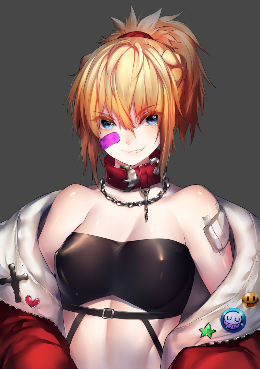 1girl bandaid bandaid_on_face bandeau bangs bare_shoulders belt blonde_hair blue_eyes breasts chain_necklace collar covered_nipples cross fate/grand_order fate_(series) grin hair_between_eyes hair_ornament hair_scrunchie highres jacket looking_at_viewer medium_hair mordred_(fate) mordred_(fate)_(all) off_shoulder open_clothes open_jacket orange_hair ponytail rahato red_scrunchie scrunchie small_breasts smile smirk solo sticker upper_body