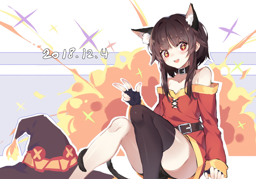 1girl absurdres animal_ears bare_shoulders birthday black_gloves black_legwear black_panties breasts brown_hair cat_ears cat_tail choker dated fang fingerless_gloves gloves happy_birthday hat hat_removed headwear_removed highres kono_subarashii_sekai_ni_shukufuku_wo! linz930 long_sleeves megumin off_shoulder open_mouth panties pantyshot pantyshot_(sitting) red_eyes shirt short_hair single_thighhigh sitting small_breasts solo sparkling_eyes tail thigh-highs underwear v witch_hat