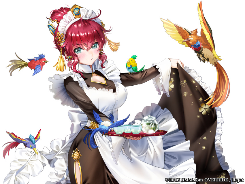 1girl apron bangs bird blue_eyes blush cleavage_cutout dress dress_lift earrings eyebrows_visible_through_hair flower_earrings hair_bun hair_over_eyes high_collar holding holding_tray icchi_banketsu jewelry looking_at_viewer maid maid_apron maid_headdress official_art ogino_atsuki solo suzaku_(icchi_banketsu) teapot tiara tray