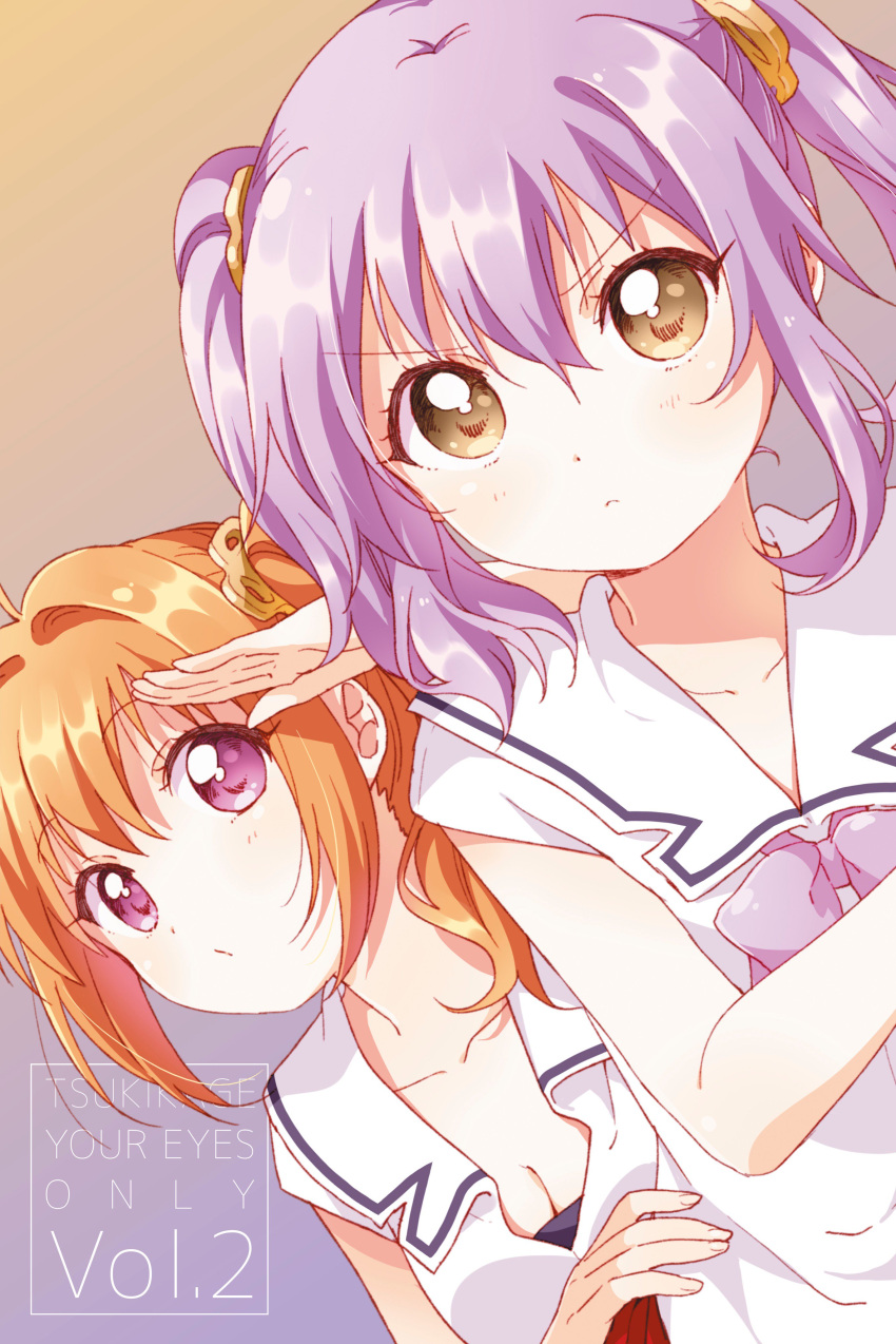 2girls absurdres ahoge arm_up blush breasts brown_eyes character_request cleavage closed_mouth collarbone eyebrows_visible_through_hair highres looking_at_viewer medium_breasts multiple_girls namori official_art orange_hair purple_hair release_the_spyce short_hair short_ponytail short_sleeves short_twintails side_ponytail twintails violet_eyes
