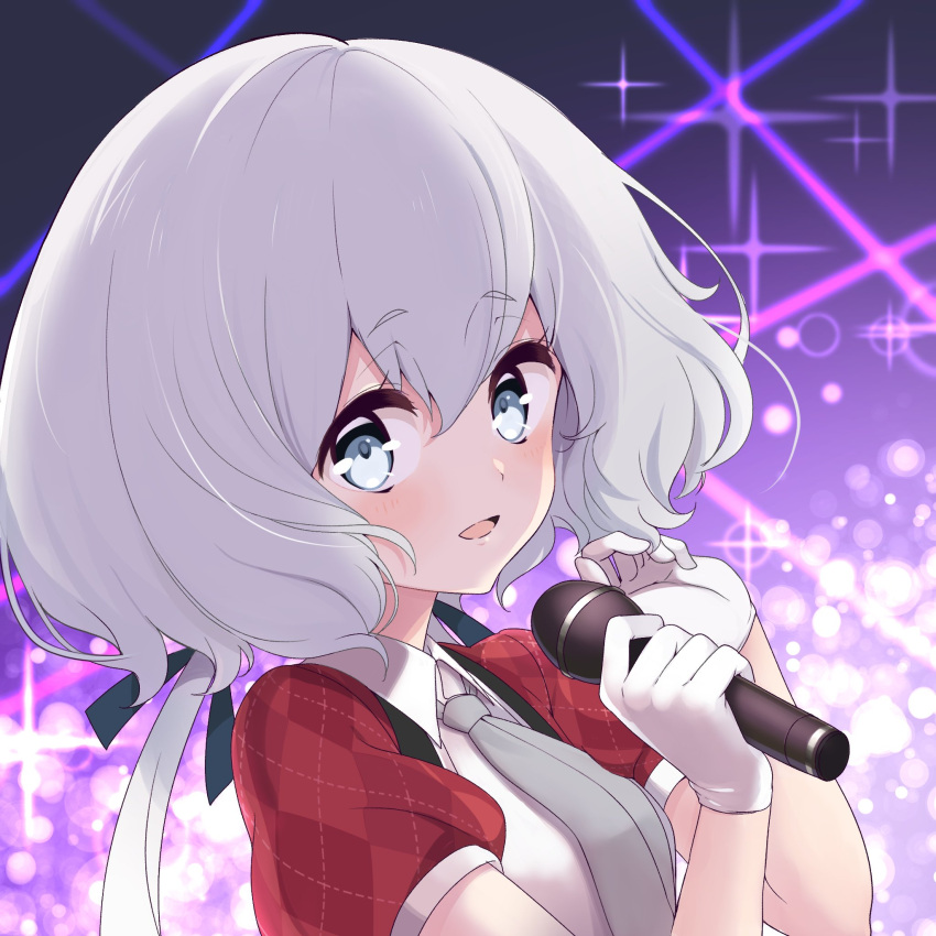 1girl commentary_request eyebrows_visible_through_hair gloves grey_eyes grey_hair hair_ribbon highres konno_junko long_hair looking_at_viewer low_twintails microphone necktie ribbon short_sleeves solo twintails white_gloves yamagami22 zombie_land_saga