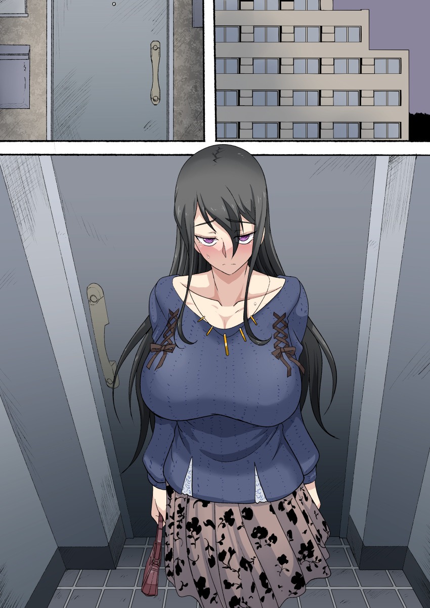 1girl 3koma absurdres apartment bag bangs black_hair blue_sweater blush breasts brown_ribbon closed_mouth collarbone comic door doorway hair_between_eyes handbag highres holding_handbag indoors jewelry large_breasts long_hair long_skirt looking_at_viewer mature necklace original ribbon skirt standing sweatdrop sweater tile_floor tiles violet_eyes zasshu_nigou