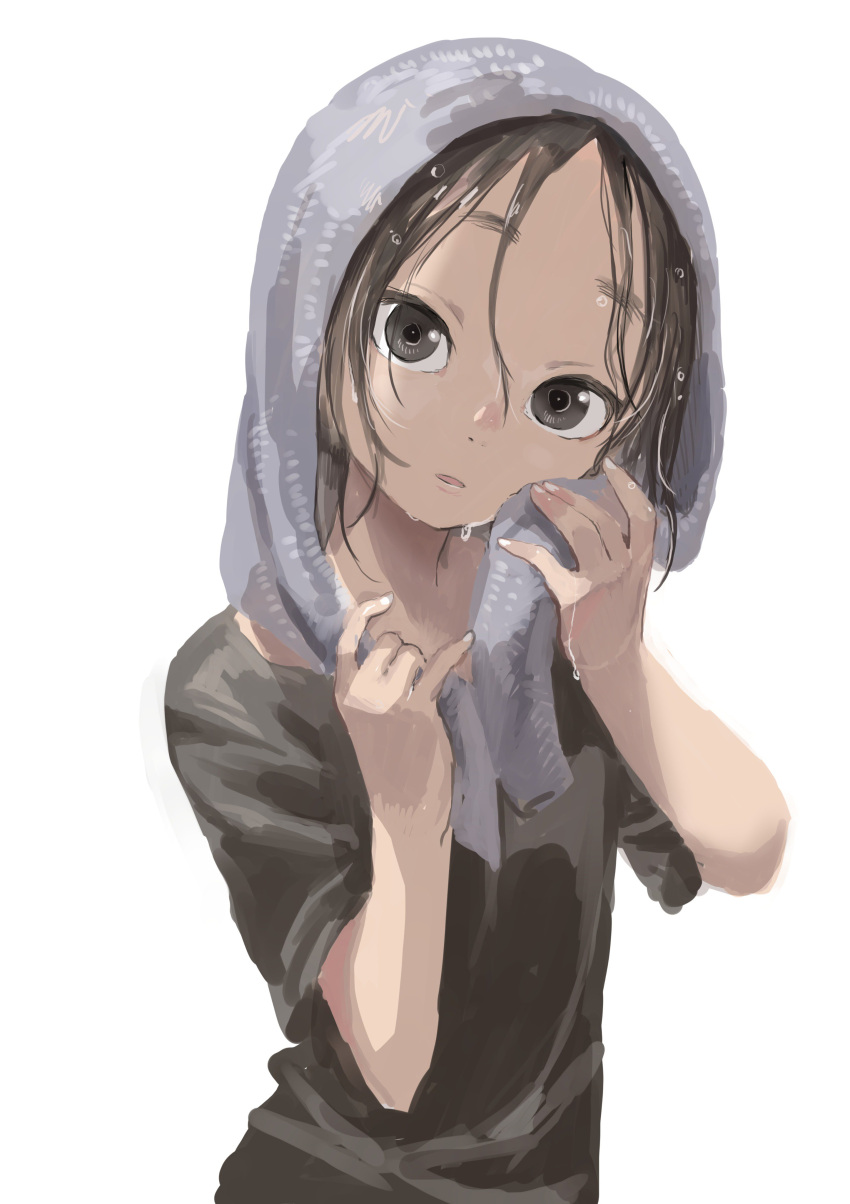 1girl absurdres after_shower black_shirt brown_eyes brown_hair commentary_request drying drying_hair fingernails head_tilt highres looking_at_viewer original parted_lips shirt short_sleeves simple_background solo towel towel_on_head wet wet_hair white_background yamamoto_souichirou