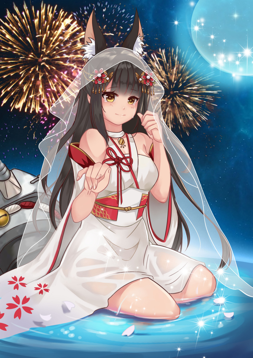 1girl absurdres animal_ears azur_lane black_hair breasts cannon collar detached_sleeves dress eyebrows_visible_through_hair fireworks fox_ears hair_ornament happy_tears highres hime_cut japanese_clothes jewelry long_hair long_sleeves looking_at_viewer lostwing66 medium_breasts moon nagato_(azur_lane) necklace night obi petals ripples sash sitting sky solo star_(sky) starry_sky tears turret veil wariza water wedding_dress wide_sleeves yellow_eyes