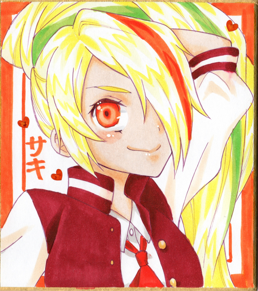 absurdres ayanagi_honpo blonde_hair hair_over_one_eye highres jacket long_hair marker_(medium) multicolored_hair nikaidou_saki ponytail red_eyes shikishi streaked_hair traditional_media zombie_land_saga