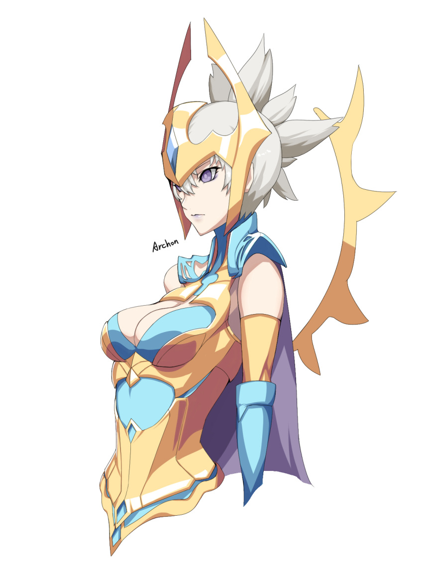 1girl alternate_costume alternate_hairstyle armor grey_hair headgear highres kumiko_shiba league_of_legends lipstick looking_to_the_side makeup simple_background solo syndra upper_body violet_eyes white_background