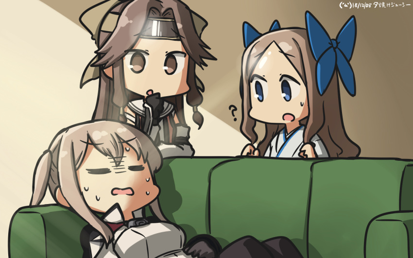 3girls ? asakaze_(kantai_collection) bangs black_gloves blonde_hair blue_bow blue_hakama bow brown_eyes brown_hair celtic_knot closed_eyes couch dated elbow_gloves eyebrows_visible_through_hair forehead forehead_protector frown gloves graf_zeppelin_(kantai_collection) hair_between_eyes hair_bow hair_intakes hair_ribbon hakama half_updo hamu_koutarou highres japanese_clothes jintsuu_(kantai_collection) kantai_collection kimono light_brown_hair long_hair looking_at_another lying military military_uniform multiple_girls on_back on_couch parted_bangs ribbon school_uniform serafuku shaded_face sidelocks signature spoken_question_mark twintails uniform wavy_hair white_kimono