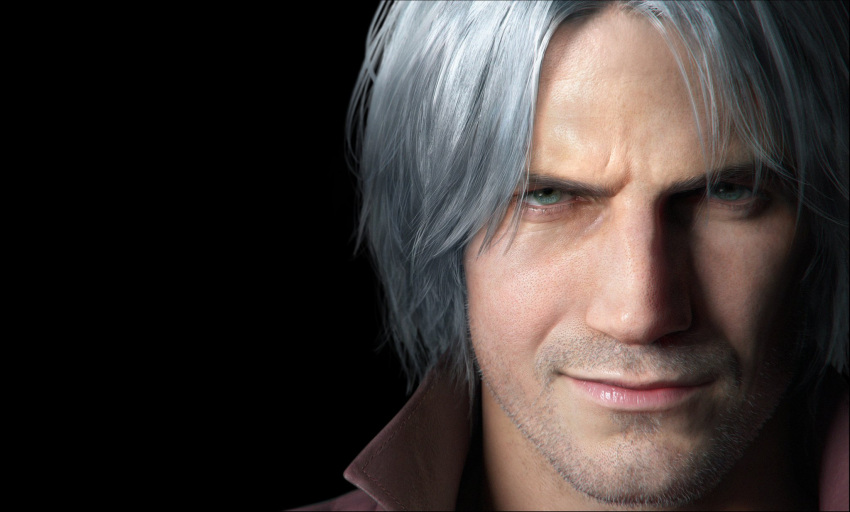 black_background dante_(devil_may_cry) devil_may_cry facial_hair grey_eyes grey_hair highres realistic stubble