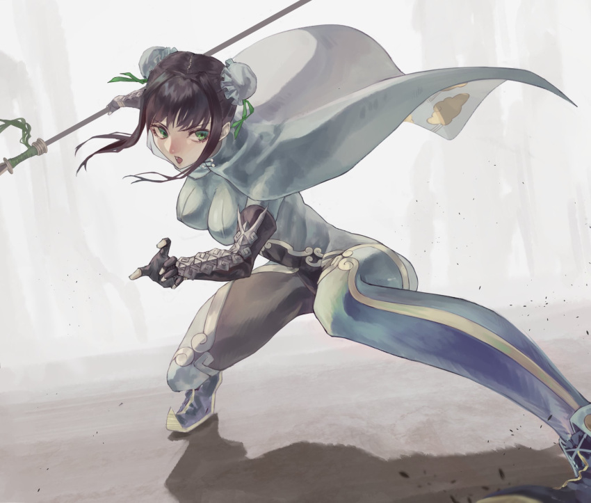 1girl bangs black_hair bodysuit breasts bun_cover chinese_clothes commentary_request double_bun fate/grand_order fate_(series) fighting_stance fingerless_gloves gloves green_eyes highres holding makitoshi0316 medium_breasts open_mouth polearm qin_liangyu_(fate) sitting solo spear weapon