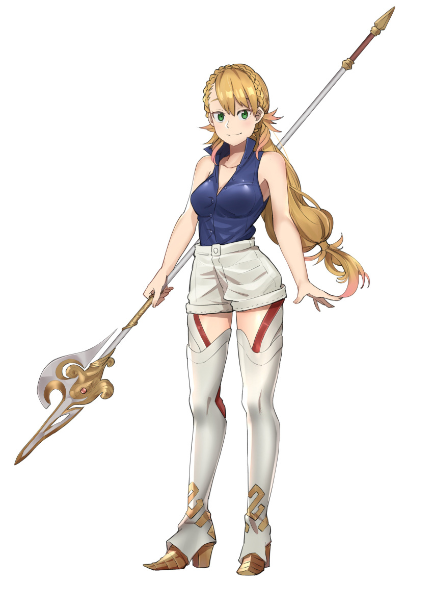 1girl absurdres blonde_hair braid buttons closed_mouth crown_braid ebinku fire_emblem fire_emblem_heroes full_body green_eyes high_heels highres holding_polearm long_hair nintendo polearm sharena shirt shorts simple_background sleeveless sleeveless_shirt smile solo standing weapon white_background