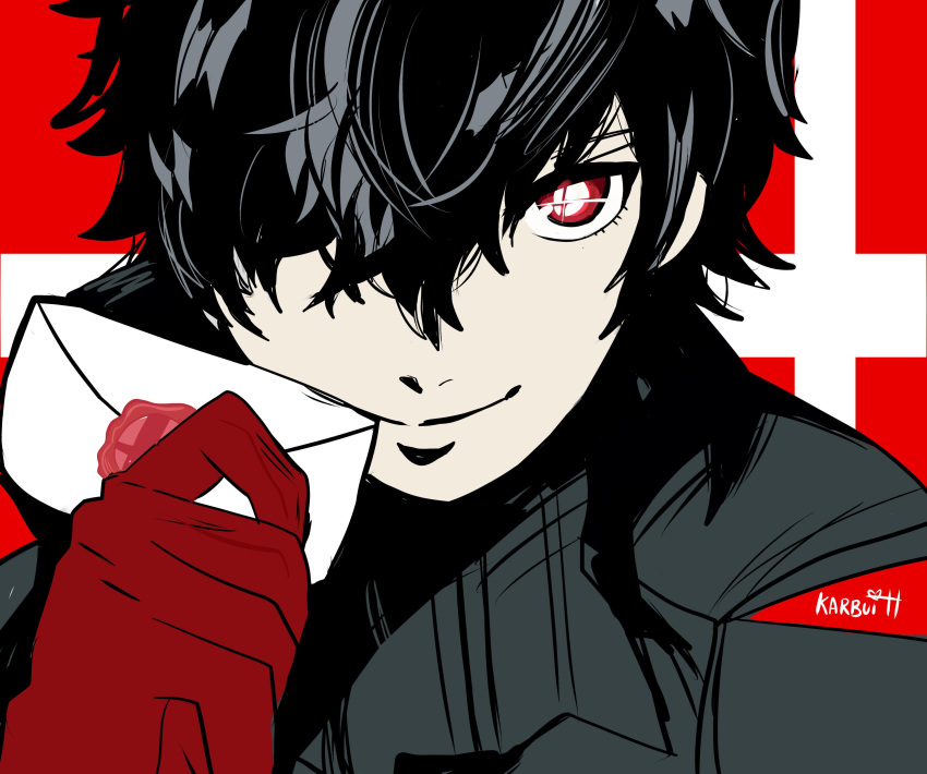 1boy absurdres amamiya_ren atlus black_hair card gloves hal_laboratory_inc. highres karbuitt looking_at_viewer male_focus mask megami_tensei nintendo persona persona_5 red_eyes red_gloves shin_megami_tensei short_hair simple_background smile sony sora_(company) super_smash_bros. super_smash_bros._ultimate