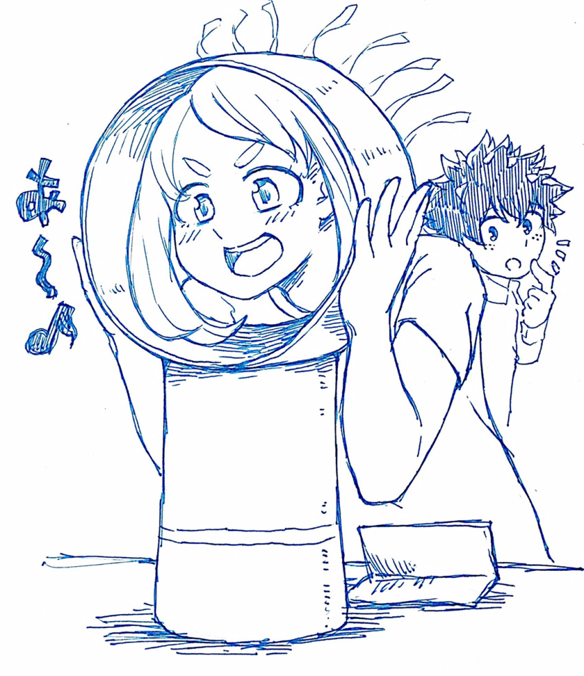 1boy 1girl :d bladeless_fan blush boku_no_hero_academia freckles genzai_mirai highres messy_hair midoriya_izuku monochrome musical_note open_mouth short_hair sidelocks smile uraraka_ochako