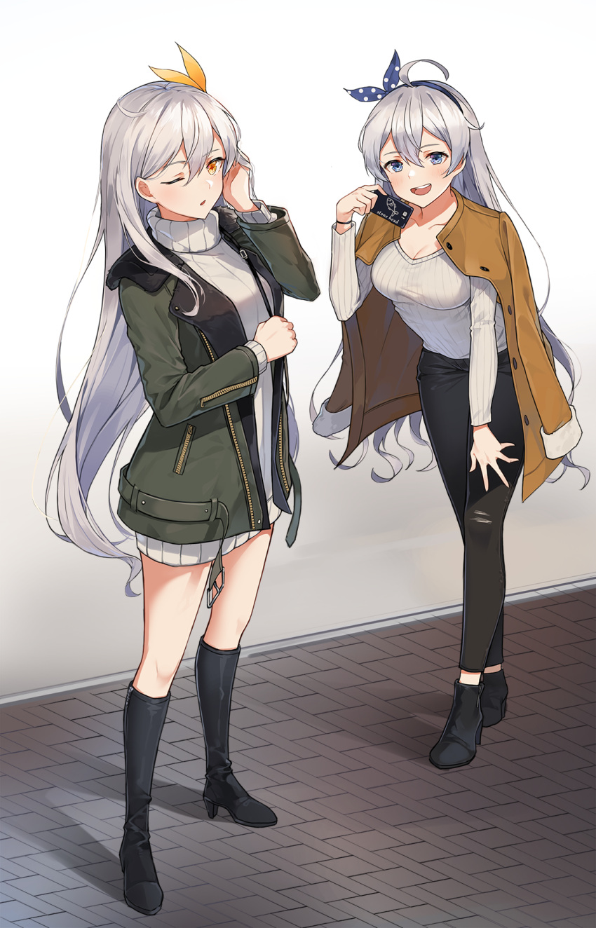 2girls ahoge aliceblue ankle_boots bangs black_footwear black_pants blue_eyes blue_hairband boots braid breasts brown_coat card casual cleavage coat collarbone dark_persona diamond-shaped_pupils dress eyebrows_visible_through_hair full_body green_coat hair_between_eyes hair_ornament hair_tucking hairband hand_on_own_knee herrscher_of_the_void high_heel_boots high_heels highres holding holding_card honkai_impact jacket_on_shoulders kiana_kaslana knee_boots large_breasts leaning_forward long_hair looking_at_viewer md5_mismatch medium_breasts multiple_girls one_eye_closed open_clothes open_coat open_mouth pants ribbed_sweater sidelocks silver_hair smile sweater sweater_dress symbol-shaped_pupils turtleneck turtleneck_sweater unzipped very_long_hair white_sweater yellow_eyes