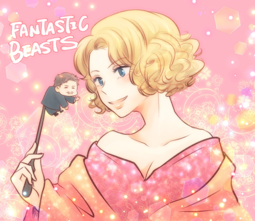 1boy 1girl absurdres blonde_hair blue_eyes breasts brown_hair chibi cleavage copyright_name curly_hair facial_hair fantastic_beasts_and_where_to_find_them flower highres jacob_kowalski mustache open_mouth paleatus pink_background queenie_goldstein sparkle wand