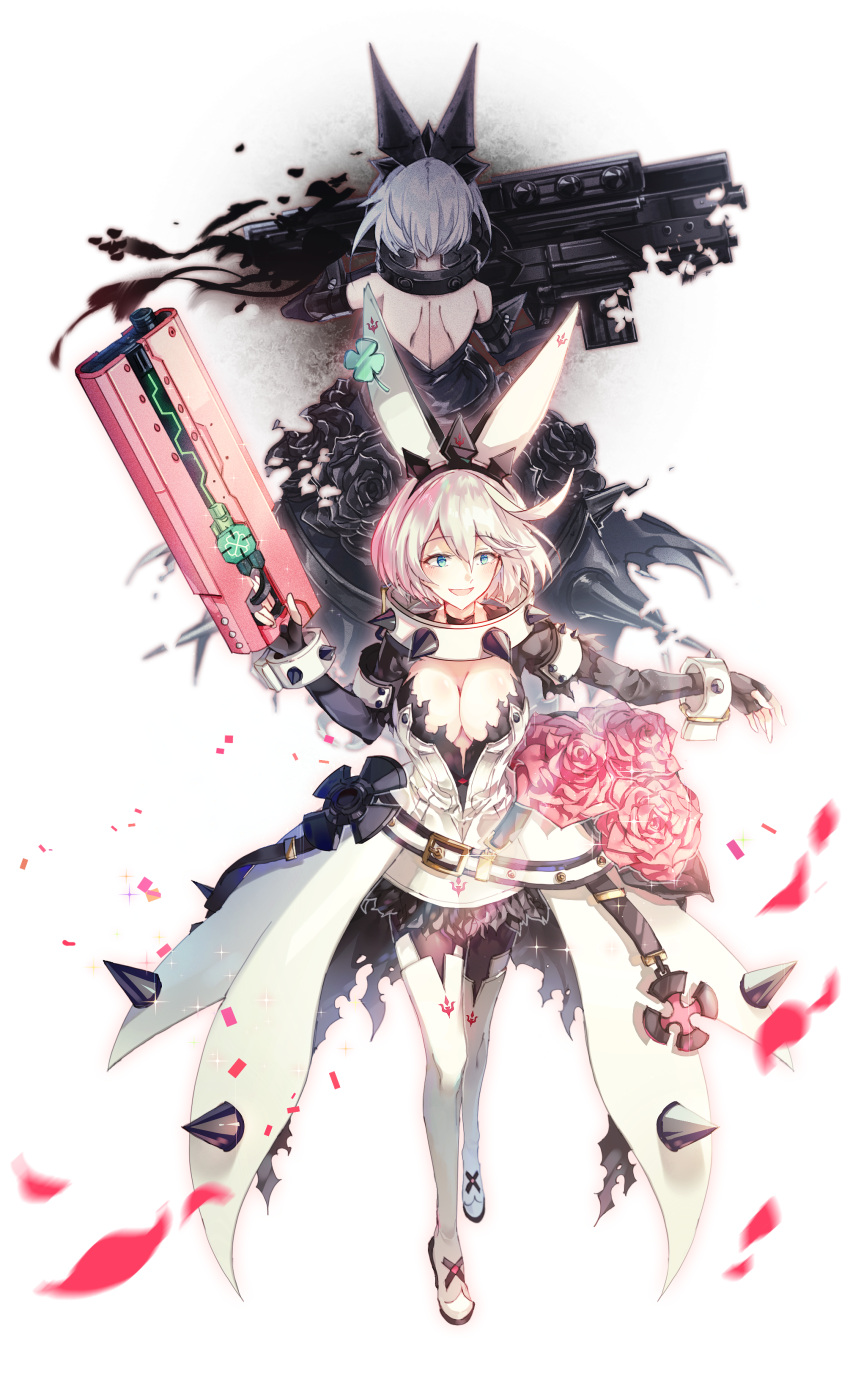 1girl absurdres belt blue_eyes boots breasts cleavage collar commentary dark_persona dress elphelt_valentine flower girls_frontline guilty_gear gun hair_ornament highres large_breasts lavender_hair open_mouth predict rose sangvis_ferri short_hair thigh-highs thigh_boots weapon white_background