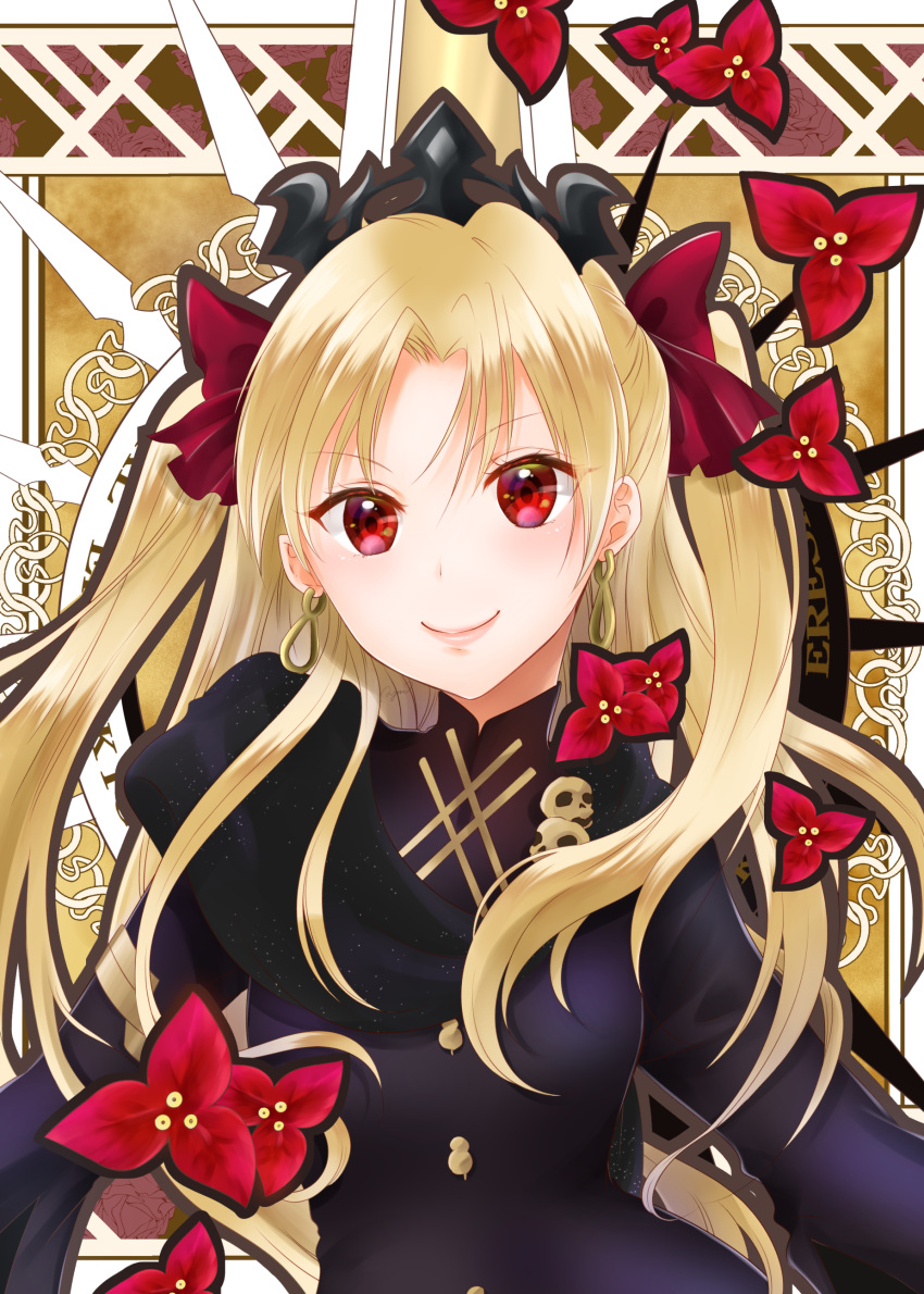 1girl absurdres art_nouveau ayamu_(igakato) black_dress blonde_hair commentary_request dress earrings ereshkigal_(fate/grand_order) fate/grand_order fate_(series) hair_ribbon highres infinity jewelry light_blush long_hair looking_at_viewer red_eyes red_ribbon ribbon smile solo tiara