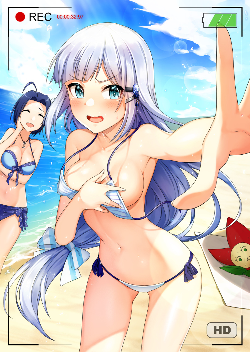 2girls absurdres ahoge bangs bare_shoulders bikini blue_bikini blue_eyes blue_hair blue_sky blush breast_hold breasts cleavage closed_eyes collarbone commentary_request covering covering_breasts day hair_ornament hairclip highres idolmaster idolmaster_(classic) idolmaster_million_live! idolmaster_million_live!_theater_days jai_(whany1998) jewelry large_breasts long_hair looking_at_viewer medium_breasts miura_azusa multiple_girls necklace ocean open_mouth outstretched_arm parted_bangs recording shiraishi_tsumugi short_hair silver_hair sky smile striped striped_bikini sunlight swimsuit wardrobe_malfunction white_bikini
