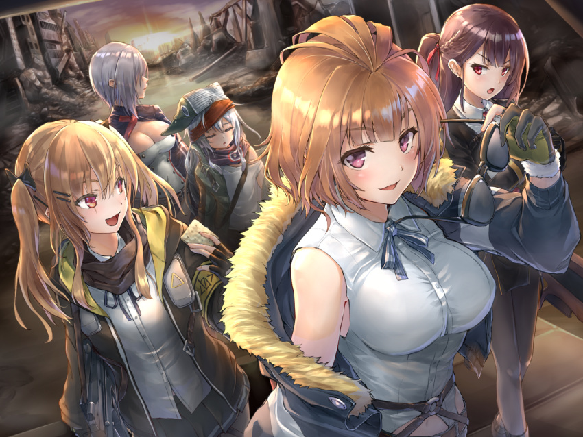 5girls bangs belt bipod black_legwear blush bomber_jacket braid breasts brown_eyes brown_hair bullpup chaps cleavage closed_eyes coat collared_shirt cracker eyebrows_visible_through_hair eyewear_on_head fingerless_gloves food french_braid g11_(girls_frontline) girls_frontline gloves grey_hair grizzly_mkv_(girls_frontline) gun hair_between_eyes hair_ornament hair_over_one_eye hair_ribbon hairclip high-waist_skirt highres holding holding_eyewear holding_food hood hood_down hooded_jacket jacket large_breasts long_hair looking_at_viewer medium_breasts mg5_(girls_frontline) multiple_girls neck_ribbon necktie o-ring one_side_up open_clothes open_mouth outdoors pantyhose partly_fingerless_gloves pelvic_curtain potato_tacos purple_hair red_eyes ribbon rifle ruins scar scar_across_eye scarf scarf_on_head shirt short_hair shorts shrug_(clothing) sidelocks silver_hair skirt sleeveless sleeveless_shirt sling smile sniper_rifle strapless sunglasses sunset tubetop twintails ump9_(girls_frontline) very_long_hair violet_eyes wa2000_(girls_frontline) walking walther walther_wa_2000 weapon white_shirt